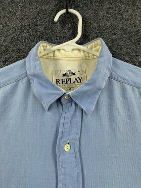 Replay Italy Medium Blue Logo Herringbone Men Pocket Button Up Shirt Long Sleeve
